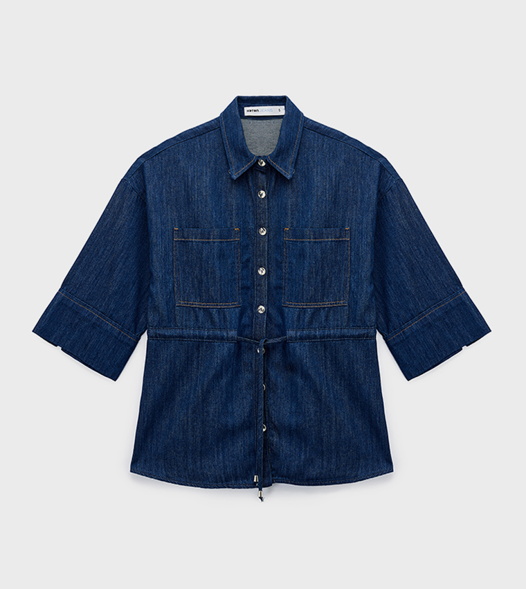 Drawstring Waist 3/4 Sleeves Denim Shirt