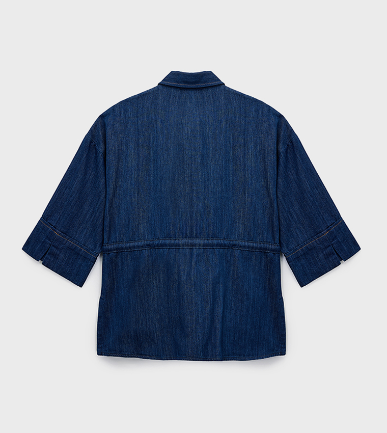 Drawstring Waist 3/4 Sleeves Denim Shirt