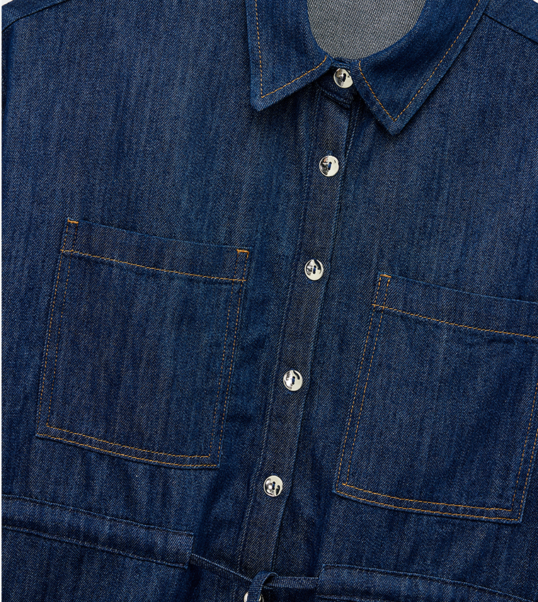 Drawstring Waist 3/4 Sleeves Denim Shirt