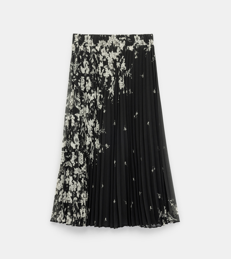 Printed Pleated Chiffon Midi Skirt