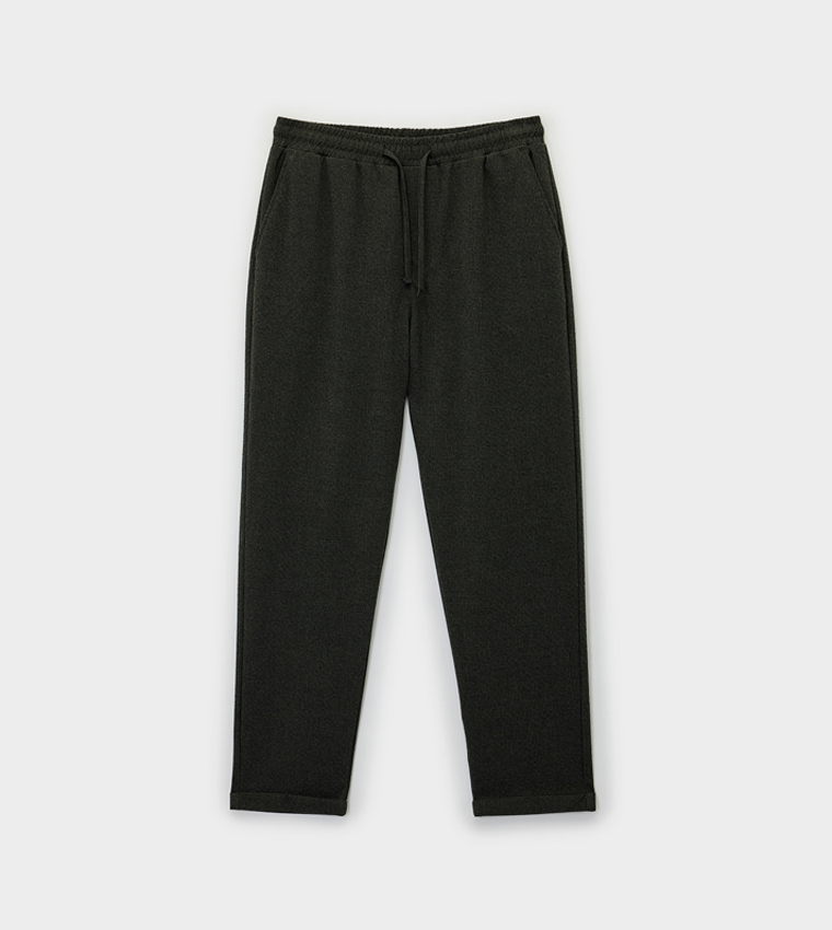 Textured Viscose Blend Drawstring Waist Trousers