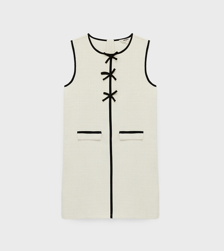 Bow Detail Crew Neck Sleeveless Tweed Dress