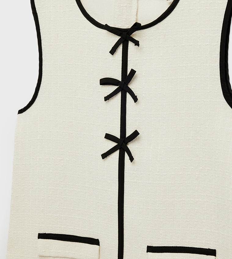 Bow Detail Crew Neck Sleeveless Tweed Dress