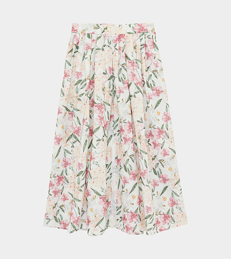 تنورة ميدي واسعة بخصر مرن وطبعة 