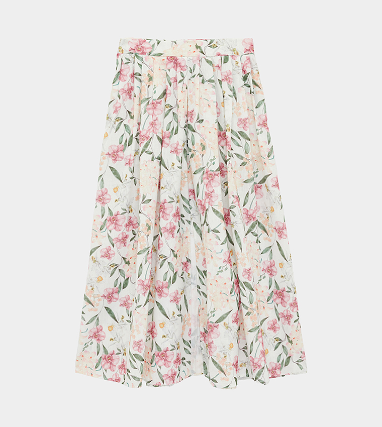 تنورة ميدي واسعة بخصر مرن وطبعة 