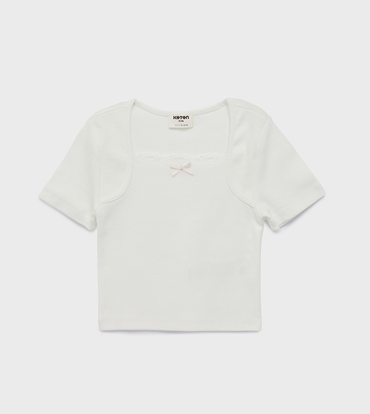 Bow Detail Square Neck Cotton T-Shirt