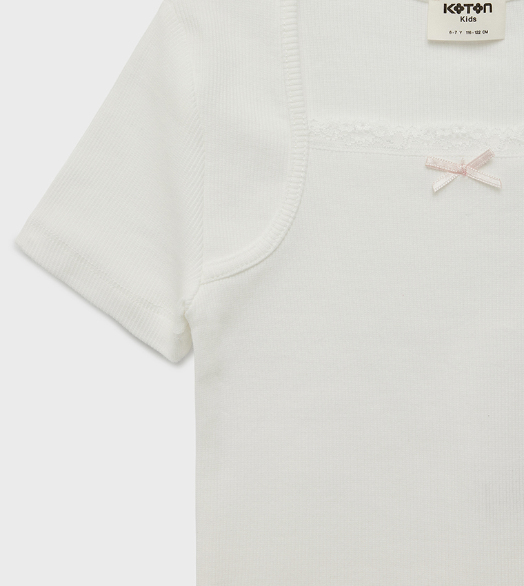 Bow Detail Square Neck Cotton T-Shirt