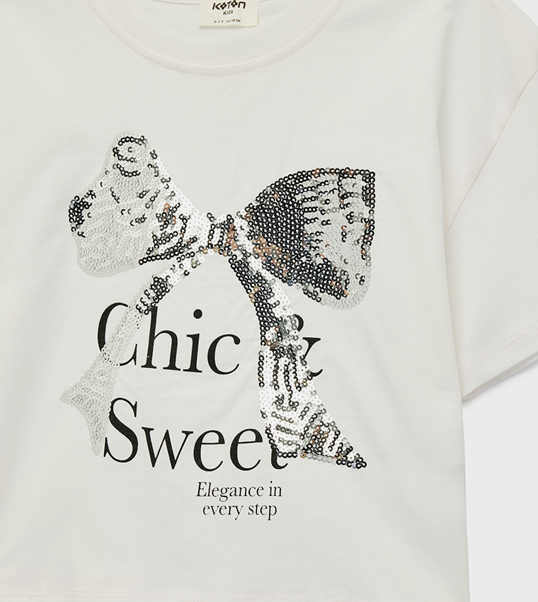 Sequined Crew Neck Cotton T-Shirt