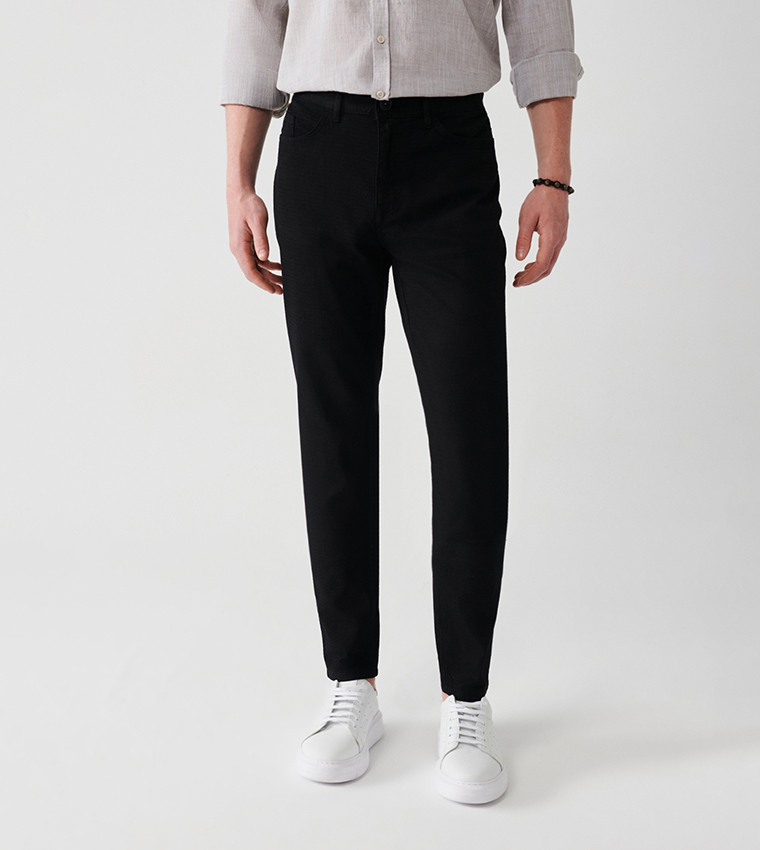 Buy Avva Solid Slim Fit Canvas Trousers In Black 6thStreet Qatar