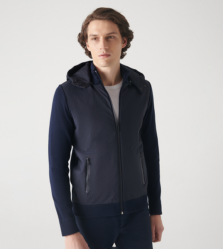 Buy Avva Zippered Long Sleeves Parachute Jacket In Navy - Main Image