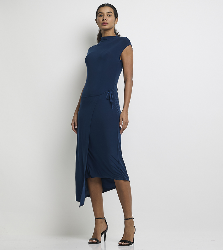 Solid Short Sleeves Wrap Midi Dress
