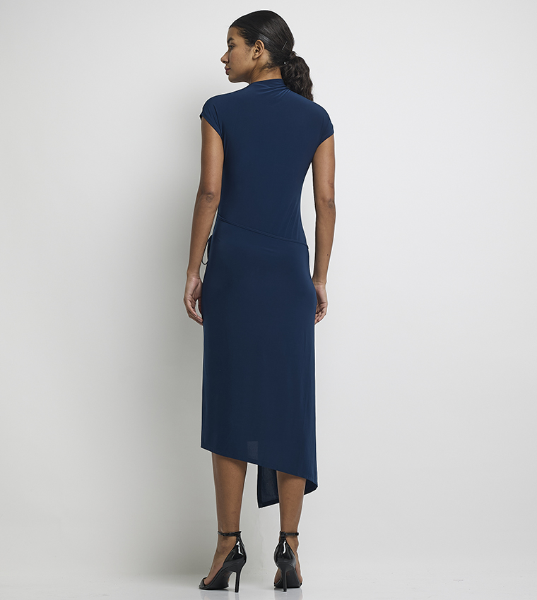 Solid Short Sleeves Wrap Midi Dress