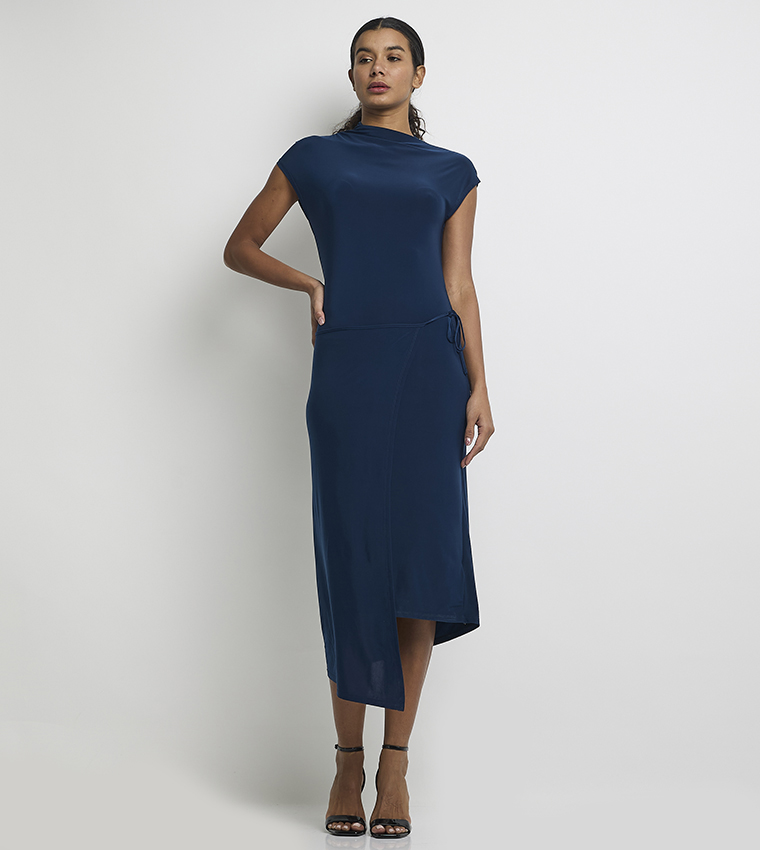 Solid Short Sleeves Wrap Midi Dress
