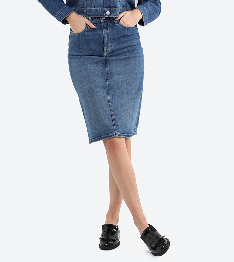 Calvin klein hotsell denim pencil skirt