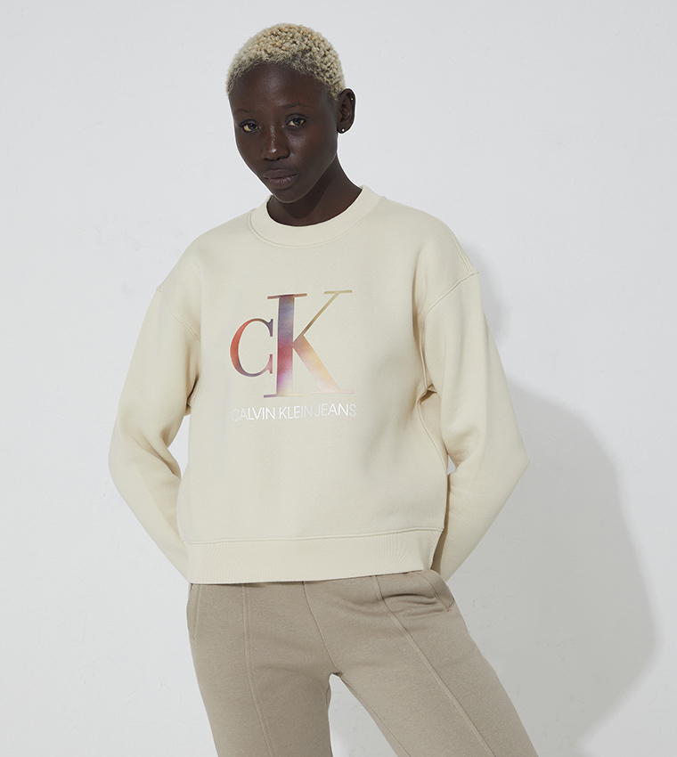 Buy Calvin Klein Satin Bonded Blurred Sweatshirt In Beige | 6thStreet Qatar
