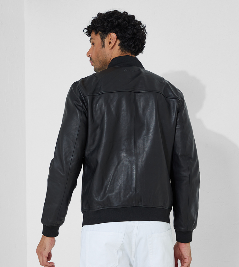 Buy Calvin Klein Zippered Leather Bomber Jacket In Black | 6thStreet Bahrain