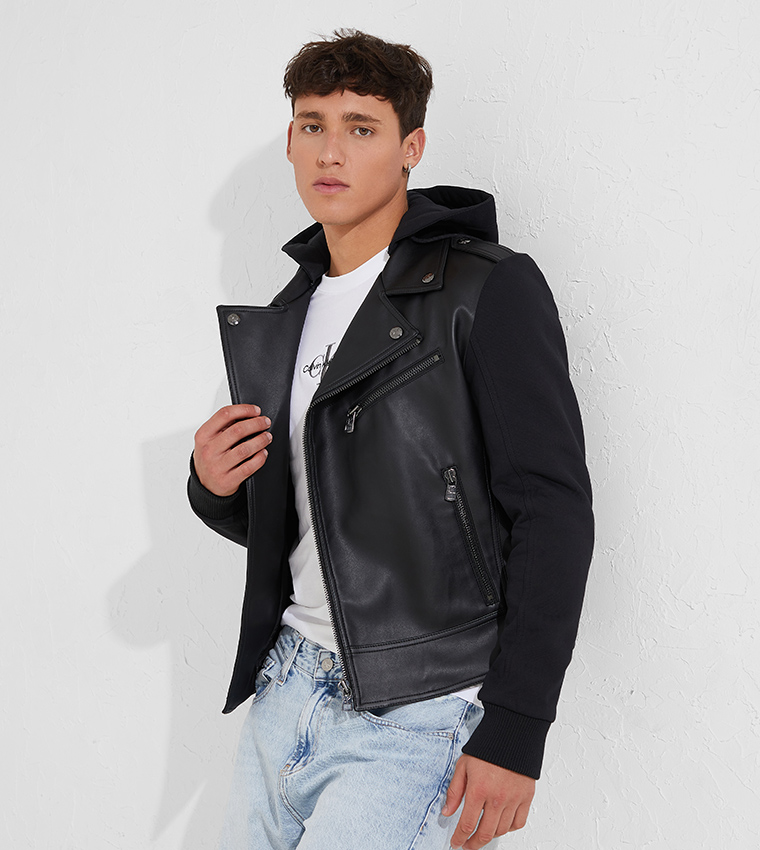 Buy Calvin Klein Faux Leather Jacket With Hoodie In Black | 6thStreet  Bahrain