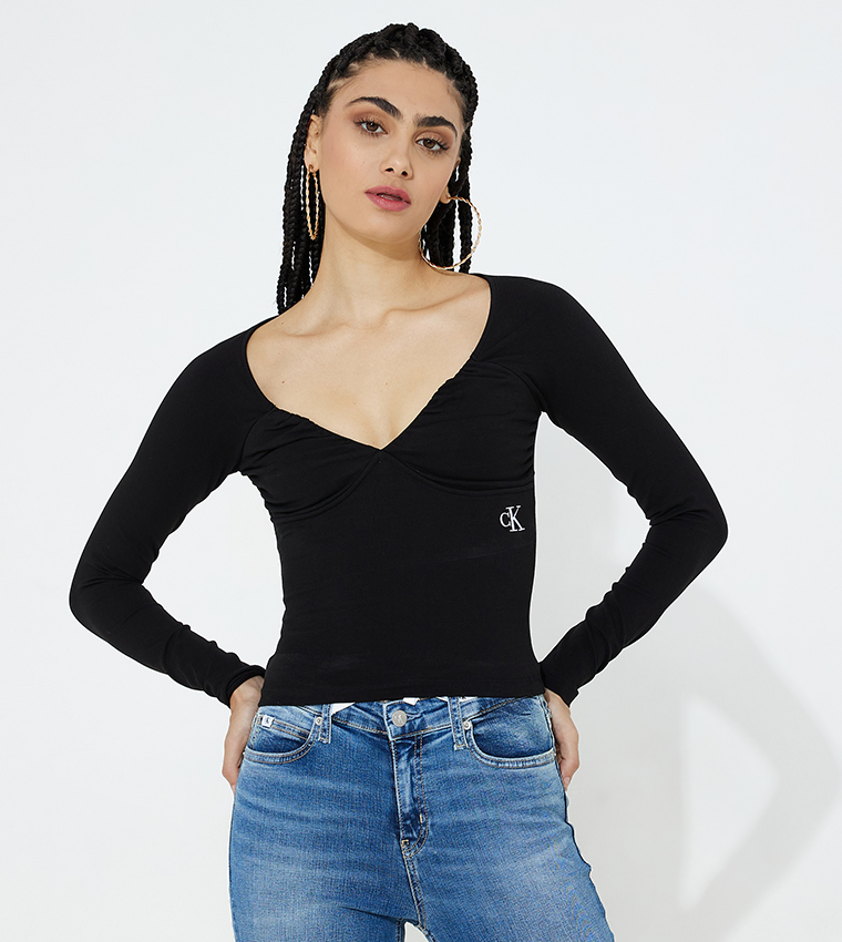 Buy Calvin Klein Solid Ruched Bust Long Sleeves Top In Black | 6thStreet  Kuwait