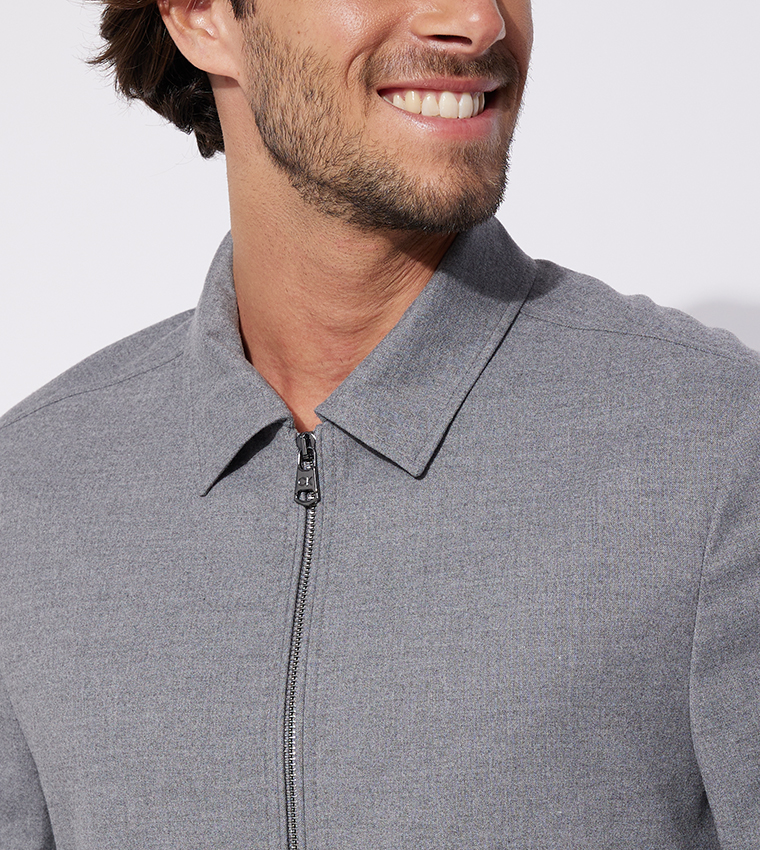 Buy Calvin Klein Shirt Collar Zipper Front Soft Flannel Jacket In Grey