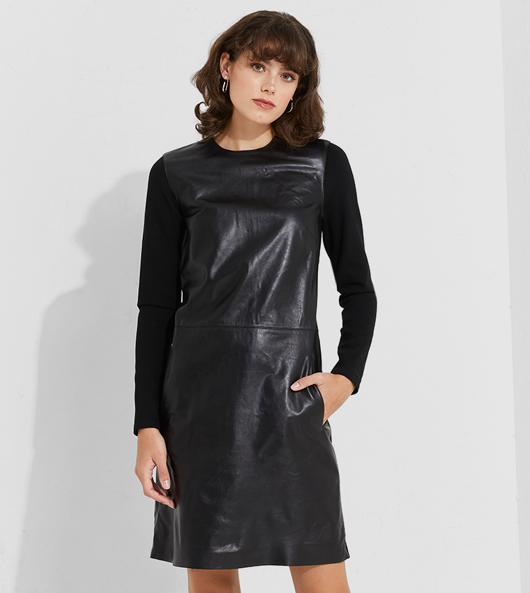 Buy Calvin Klein Leather Mix Media Dress With Side Pocket In Black |  6thStreet Kuwait