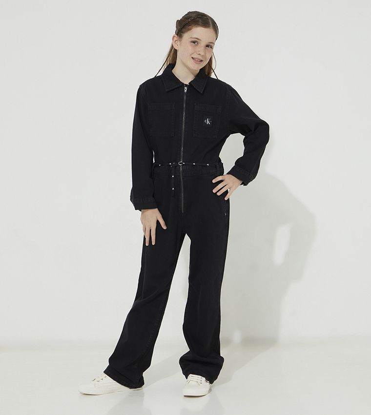 Buy Calvin Klein Long Sleeves Logo Printed Denim Jumpsuit In Black |  6thStreet Kuwait