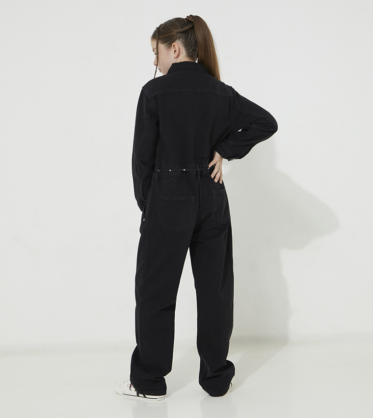 Long Sleeves Logo Printed Denim Jumpsuit