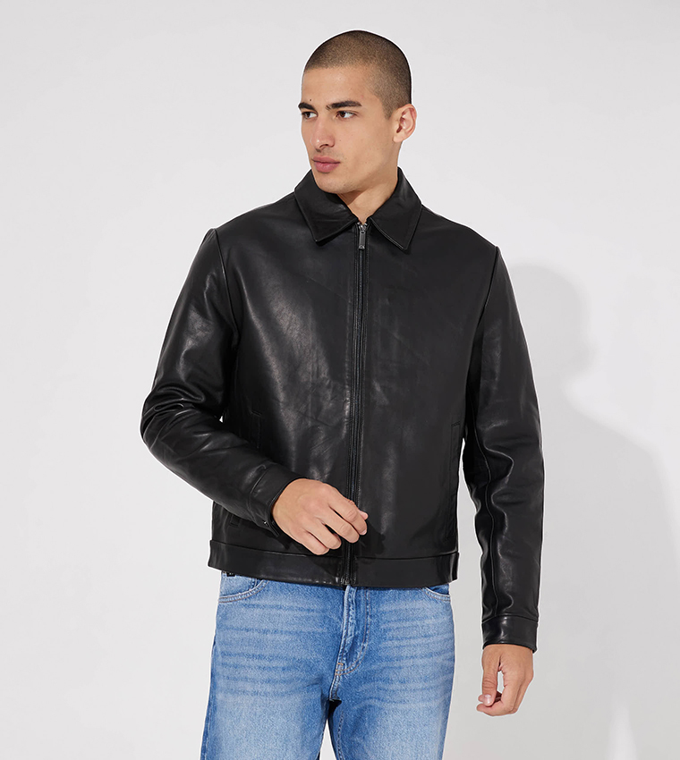 Buy Calvin Klein Solid Blouson Leather Jacket In Black | 6thStreet UAE