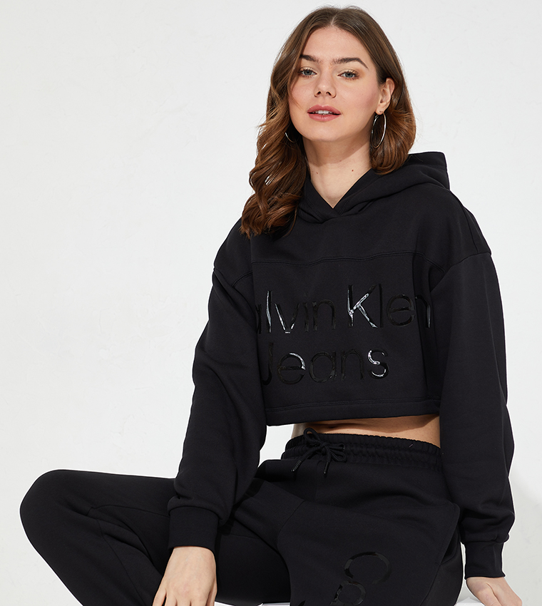 Buy Calvin Klein Shiny Institutional Crop Hoodie In Black 6thStreet Qatar