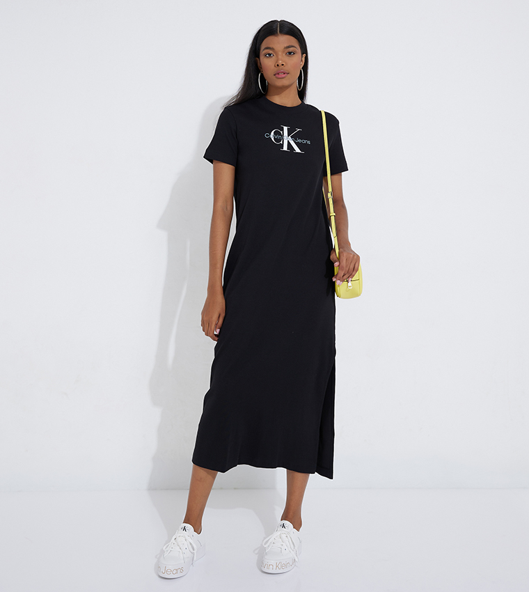 Buy Calvin Klein Monogram Logo Ribbed T Shirt Dress In Black