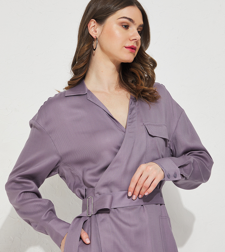 Waist Belt Long Sleeves Wrap Dress