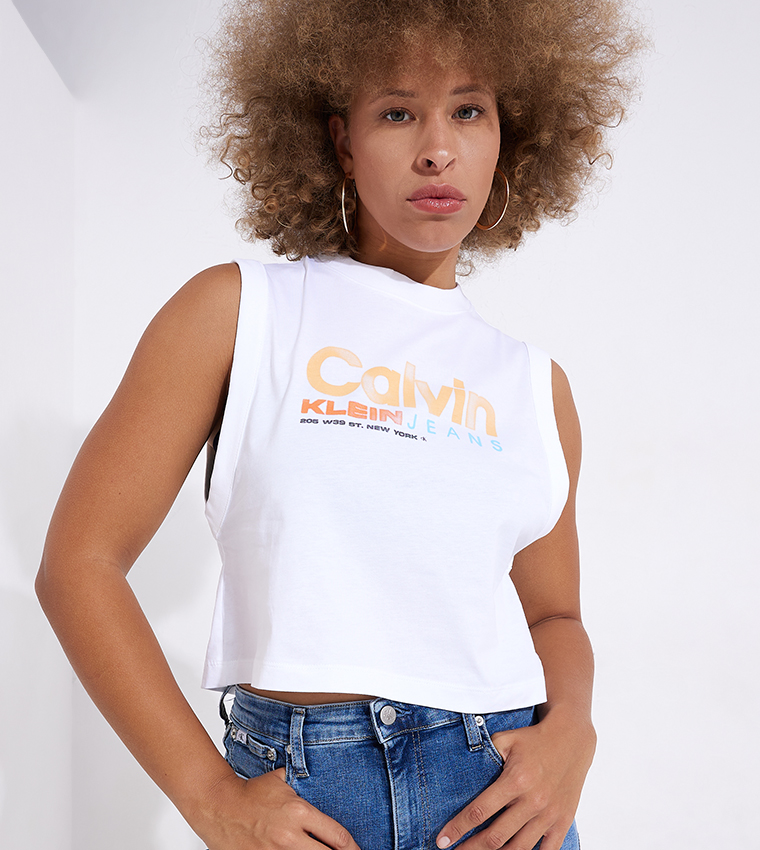 Buy Calvin Klein Logo Printed Round Neck Tank Top In White