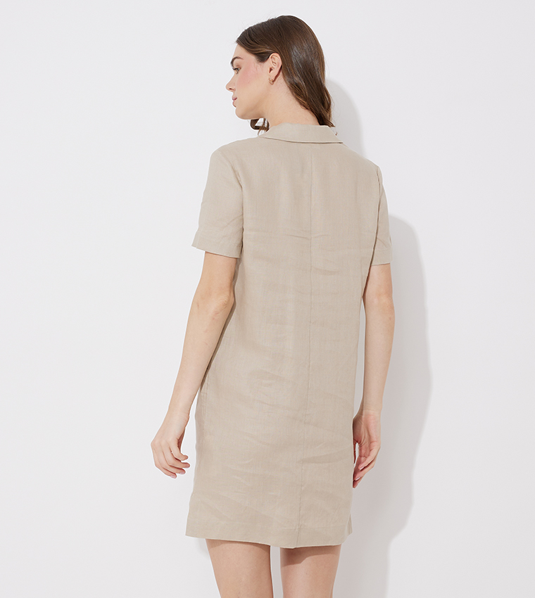 Buy Calvin Klein Logo Embroidered Collared Linen Dress In Beige