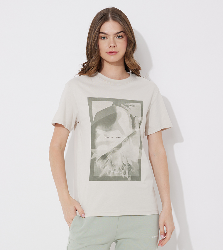 Printed Tshirts Ck Ladies T Shirt Womens Tshirt Beige Calvin Klein