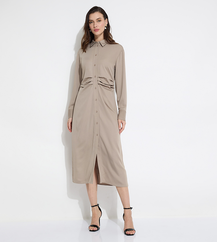 Buy Calvin Klein Solid Long Sleeves Shirt Dress In Beige