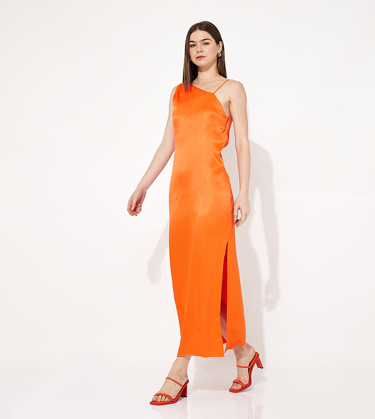 Buy Calvin Klein Asymmetric Shoulder Column Dress In Orange