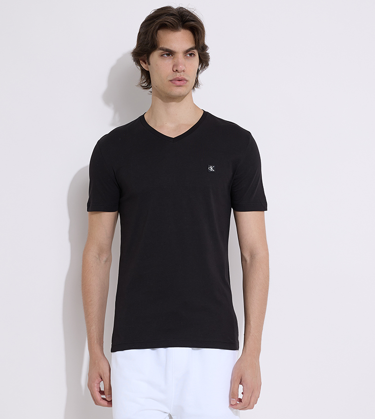 Buy Calvin Klein Monogram Badge V Neck T Shirt In Black 6thStreet Oman