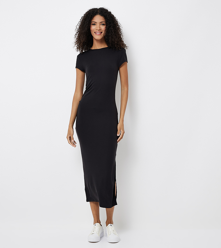 Solid Short Sleeves Slit Midi Dress