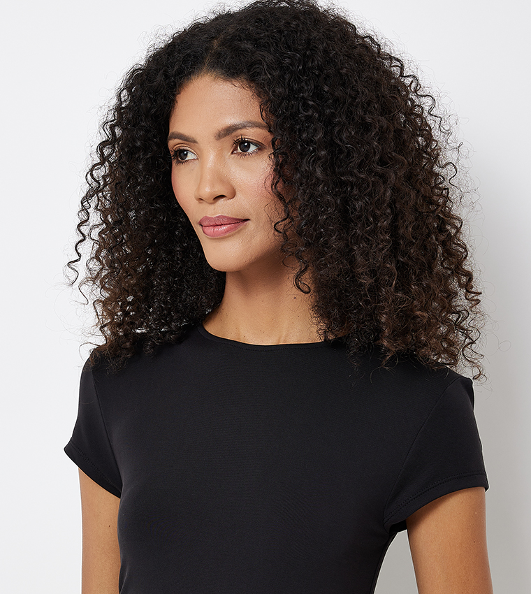 Solid Short Sleeves Slit Midi Dress