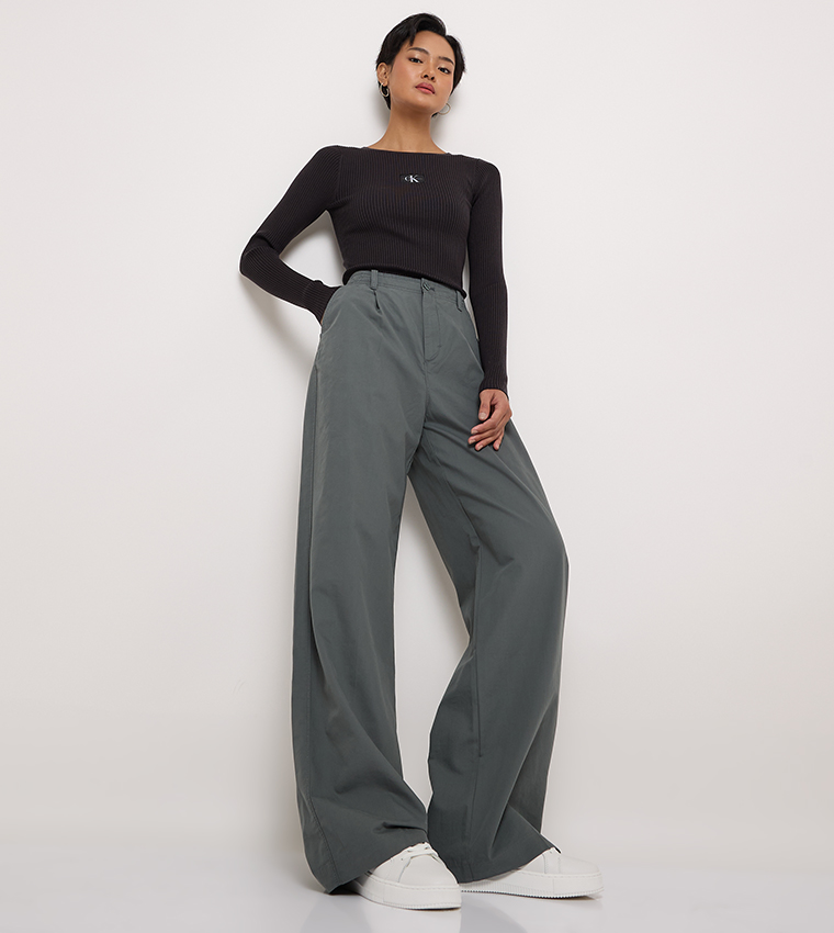 Solid High-Rise Wide Leg Pants
