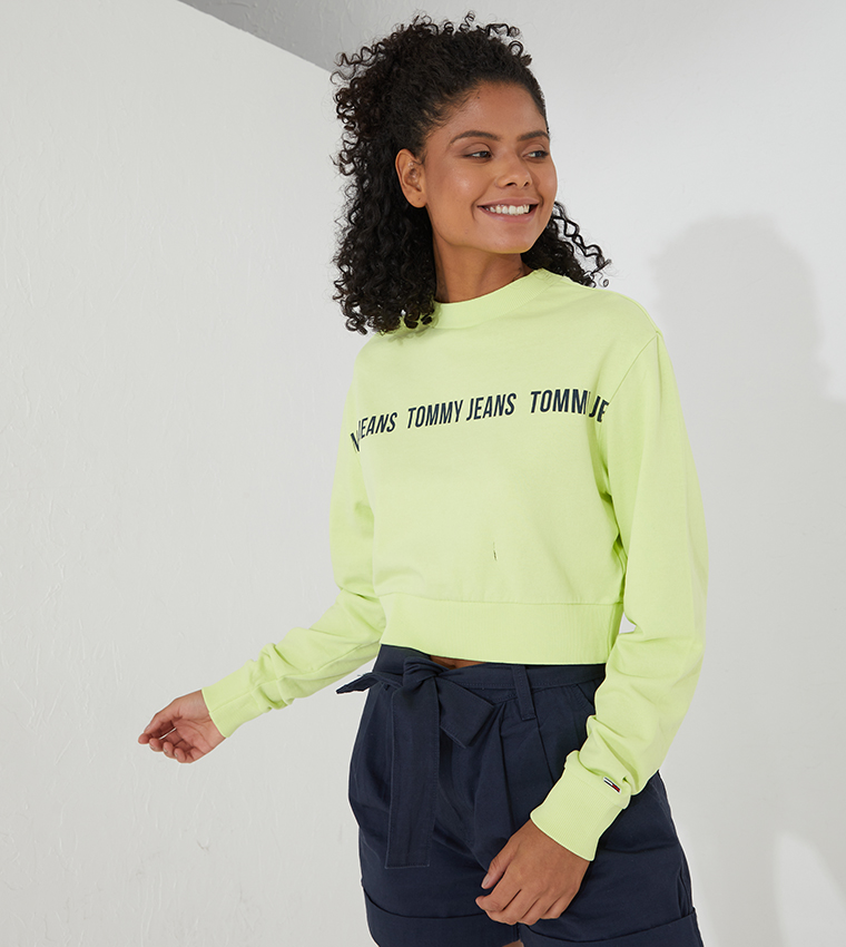 Buy Tommy Hilfiger Repeat Logo Tape Cropped Sweatshirt In Green