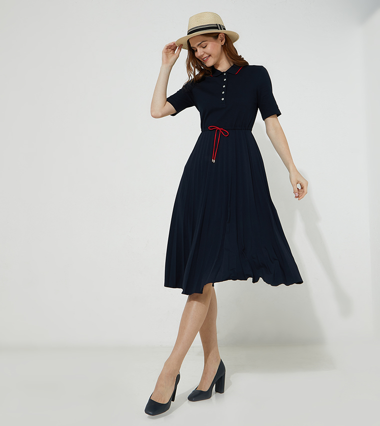 Pleated Flare Midi T-Shirt Dress