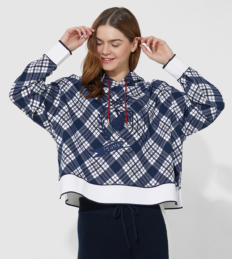 Tommy Hilfiger Hooded Check Top In Blue 