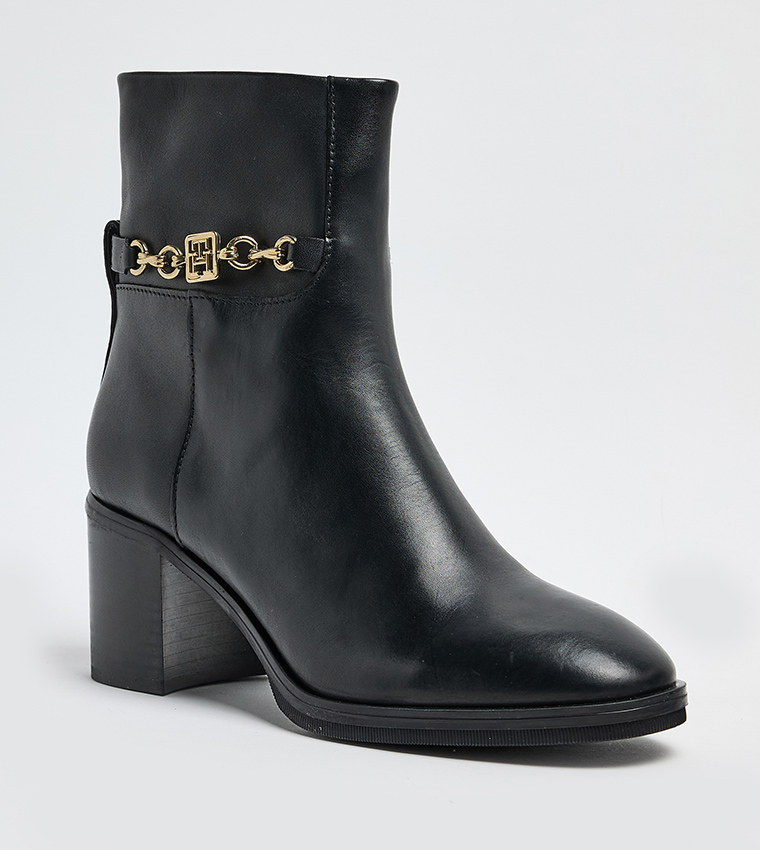 Textured Block Heel Leather Ankle Boots