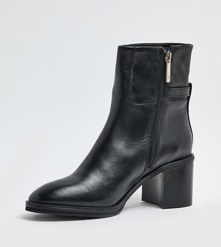 Textured Block Heel Leather Ankle Boots