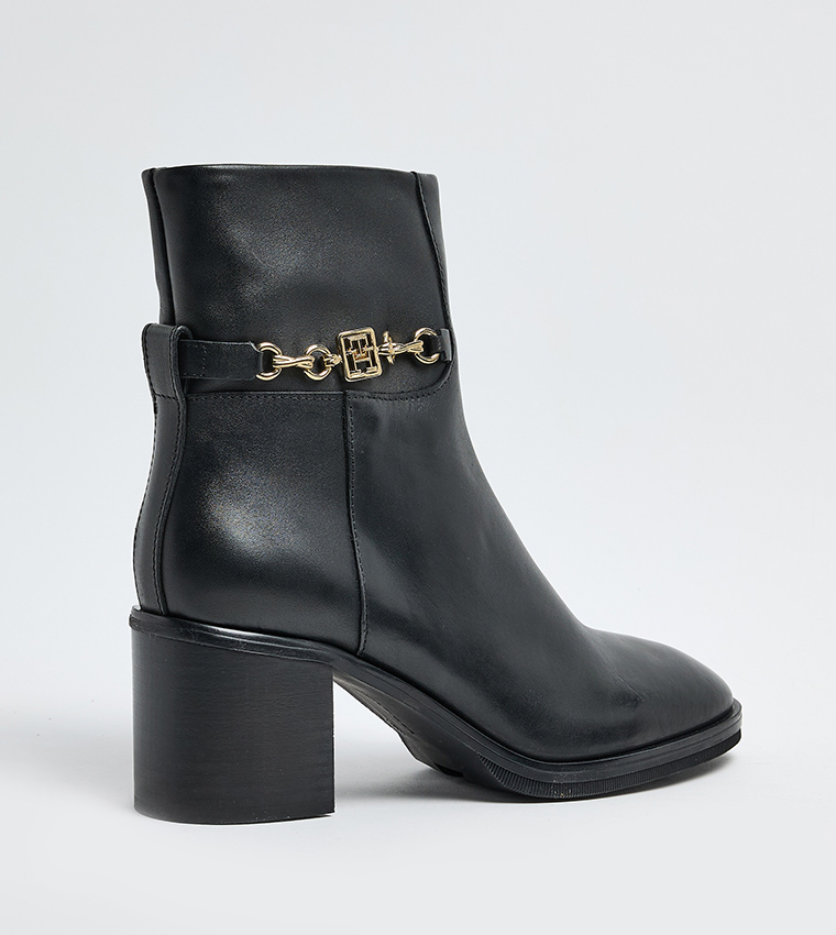 Textured Block Heel Leather Ankle Boots