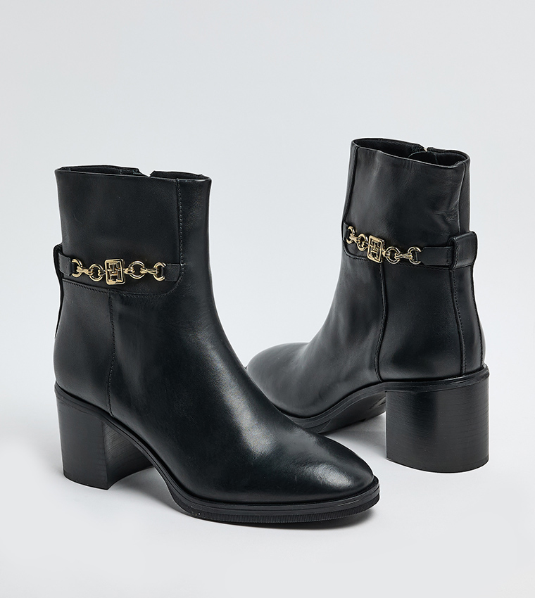 Textured Block Heel Leather Ankle Boots