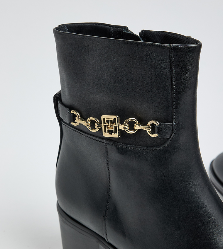 Textured Block Heel Leather Ankle Boots