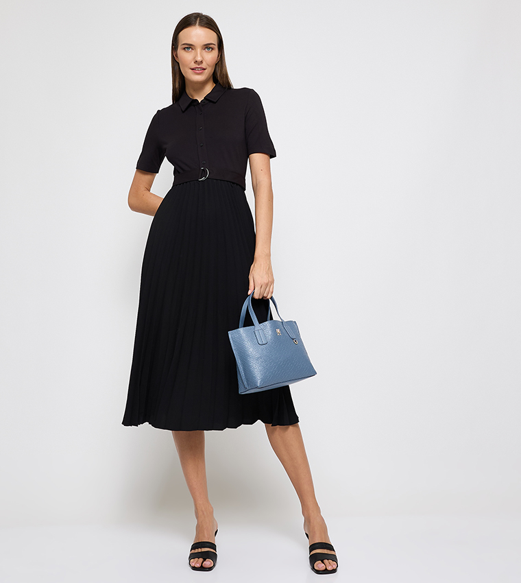 Pleated Short Sleeves Shirt Dress
