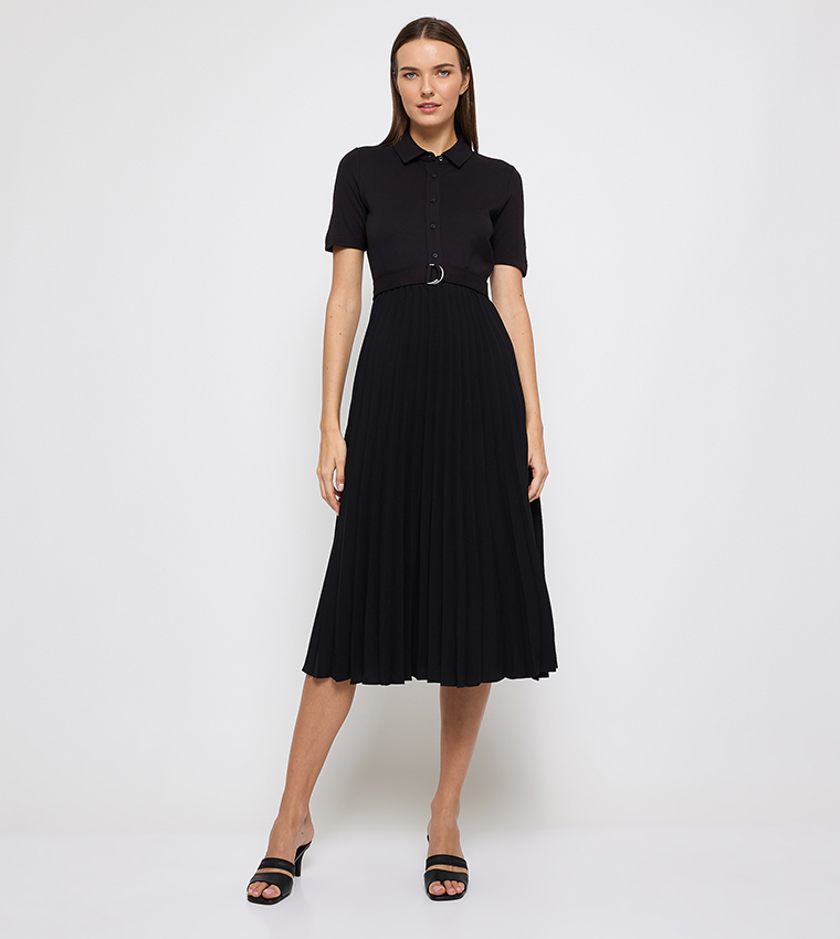 Pleated Short Sleeves Shirt Dress