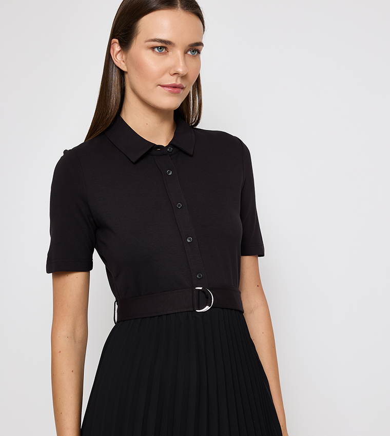 Pleated Short Sleeves Shirt Dress